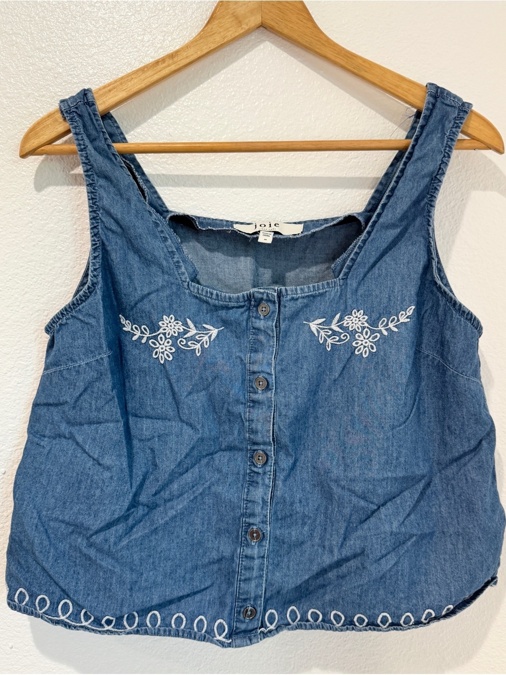 Joie 100% Cotton Floral Embroidered Button Front Denim Chambray Crop Tank Top M